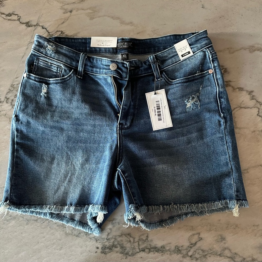 Judy Blue Distressed Denim Shorts - Dark Blue
